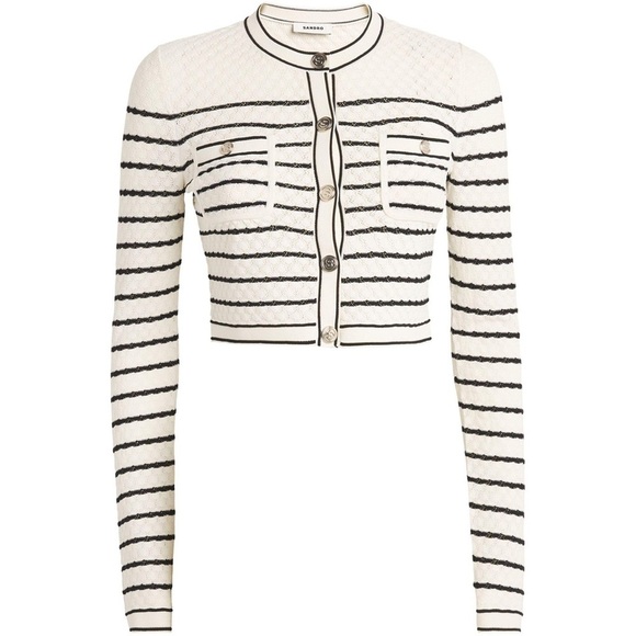 Sandro Sweaters - SANDRO Cropped White and Black Striped Cardigan Gold Hardware Buttons Sz 2 = Med